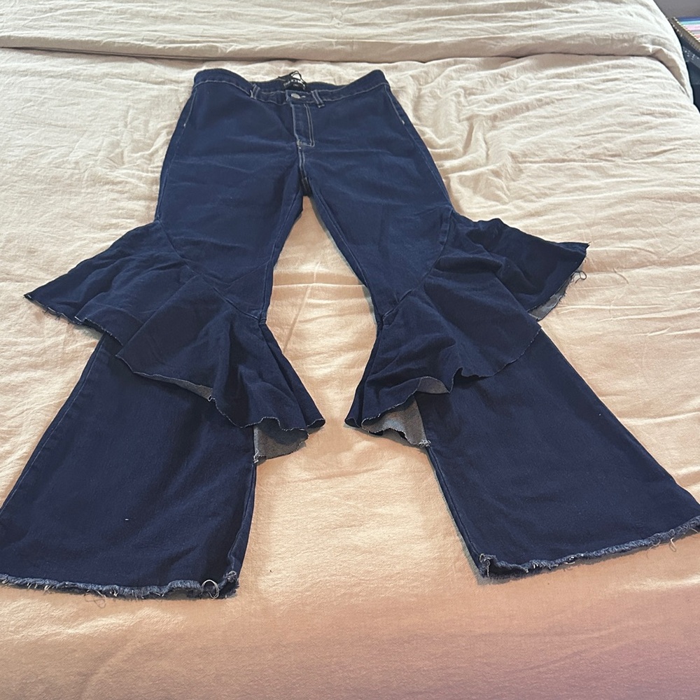 Fashion Nova Navy Ruffle Flare Wide-Leg Jeans